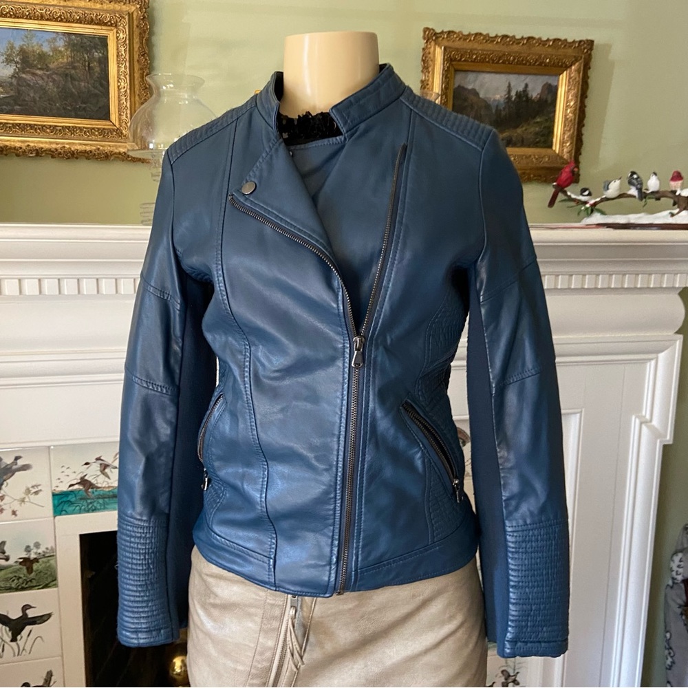 Royal blue faux leather jacket with off-center zipper and loads of appeal. Fun!